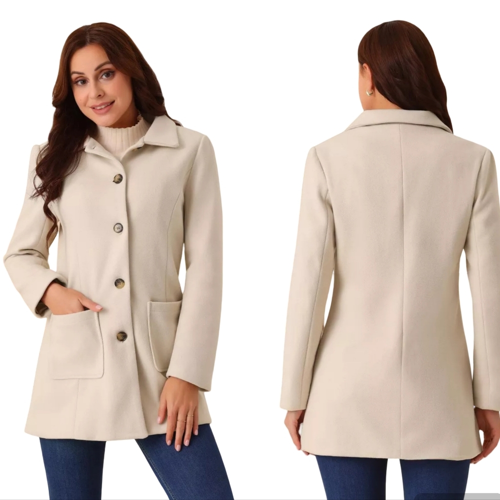 New Women's Winter Beige Notch Lapel Single-Breasted Coat By Seta T. Size M